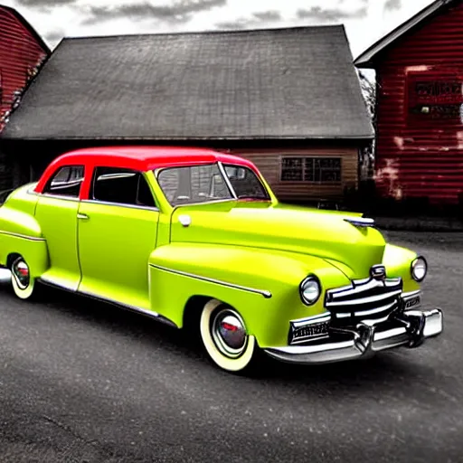 Image similar to 1 9 4 8 desoto car, black, driving through a 1 9 5 0 s town, in the style of norman rockwell