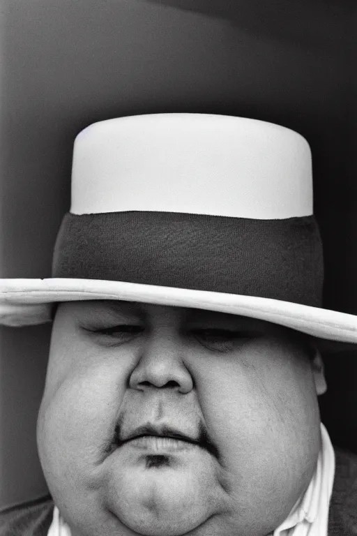 Prompt: close-up photography, portrait of fat man in white hat, soft light, 35mm, film photo, Joel Meyerowitz