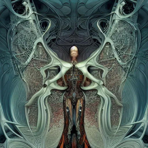 Prompt: cyberpunk art nouveau by alexander mcqueen, zdzisław beksinski and alphonse mucha. highly detailed, hyper - real, very beautiful, intricate fractal details, very complex, opulent, epic, mysterious, trending on deviantart and artstation, polished and minimalist redesign by zaha hadid and iris van herpen