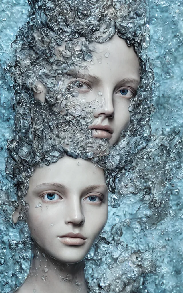 Prompt: sculpture made of water, portrait, female, future, queen, Harpers Bazaar, Vogue magazine, insanely detailed and intricate, concept art, close up