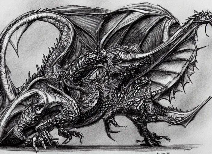 Prompt: pen and ink sketch, steam punk dragon, very fine detail, concept art, high detail, fine pen