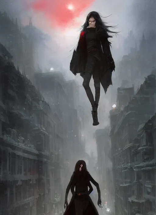 Image similar to a teenage girl with short dark hair and a tattered grey cloak. she stands on top of a building in a gothic fantasy city. the sky has a red glow and ash is falling. beautiful painting by greg rutkowski