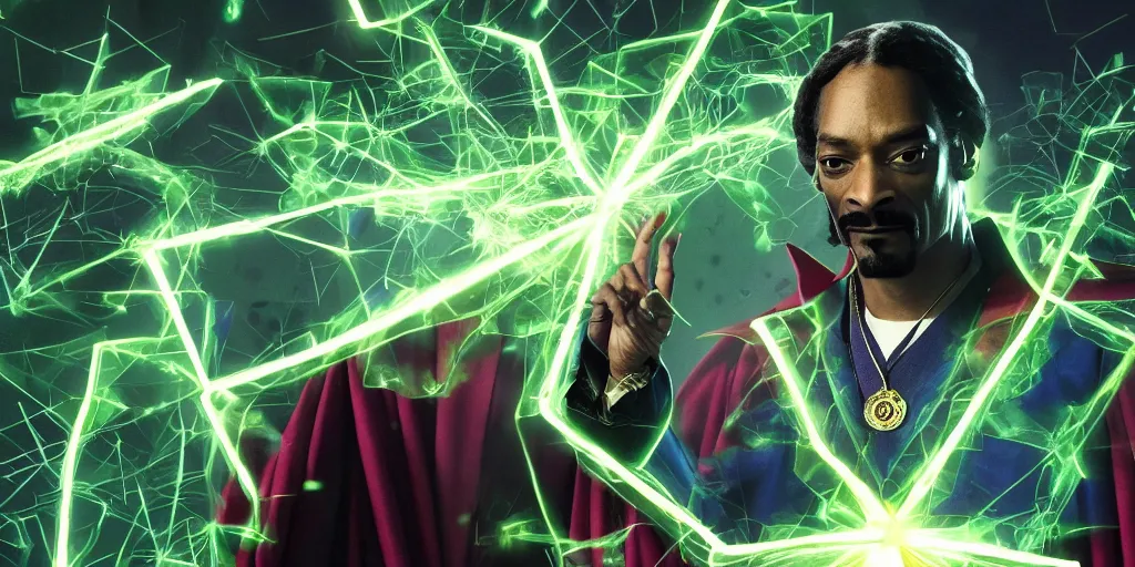 Prompt: snoop dogg as doctor strange, long shadow, light colors, green magic, marijuana leaves, marijuana, by greg rutkowski, multiple dimensions, shattered glass, highly detailed, environmental light, cinematic by francis tnehunreal, octane render, nvidia, concept art, 4 k