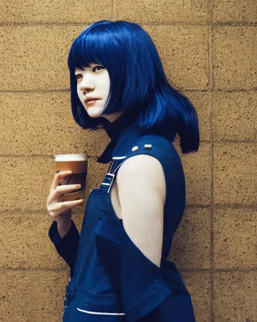 Prompt: touka kirishima from tokyo ghoul as a barista, in a coffee shop, dark blue hair, modern fashion, half body shot, photo by greg rutkowski, female beauty, risque, f / 2 0, symmetrical face, warm colors, natural indoor lighting, depth of field