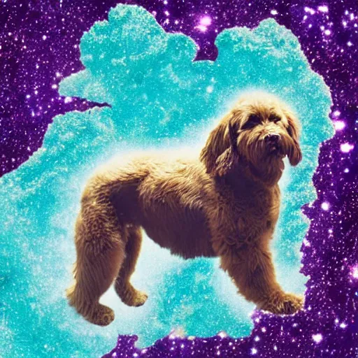 Prompt: a photograph of a huge dog in space made of turquoise colored crystals