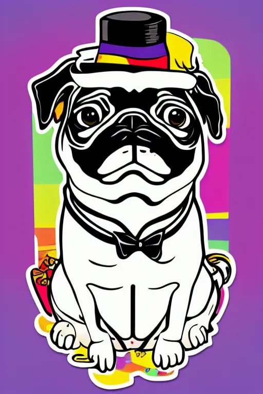 Image similar to A portrait of a pug with a top hat, sticker, colorful, illustration, highly detailed, smooth and clean vector curves, no jagged lines, vector art, smooth