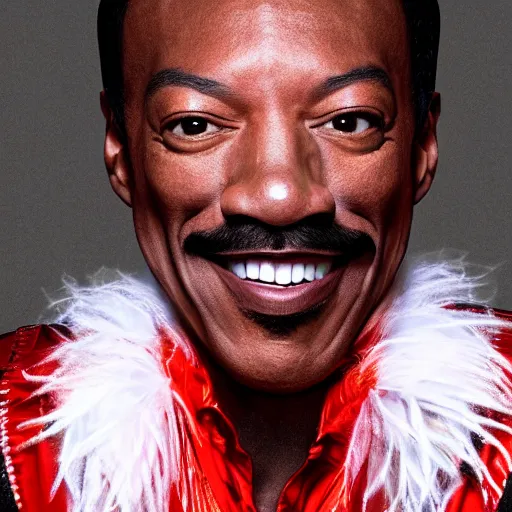Image similar to photo of eddie murphy as a clown looking at the camera and smiling, hyper - realistic, very detailed, ray tracing, 8 k resolution, long - shot, sharp focus, low angle, 8 5 mm photograph, wide lens