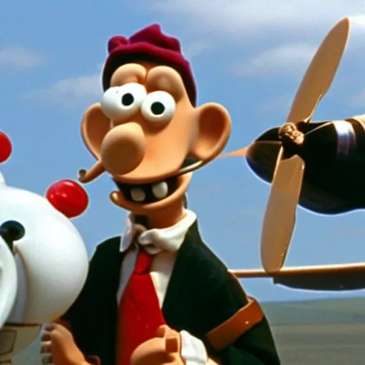 Image similar to Wallace and Gromit flying a plane