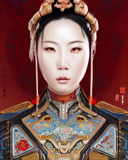 Prompt: portrait of a chinese masculine female cyberpunk machine, machine face, upper half portrait, decorated with chinese opera motifs, muscular, asian, fine china, wuxia, traditional chinese art, intricate intense elegant, highly detailed symmetry headpiece digital painting artstation concept art smooth sharp focus illustration, art by artgerm and greg rutkowski alphonse mucha 8 k