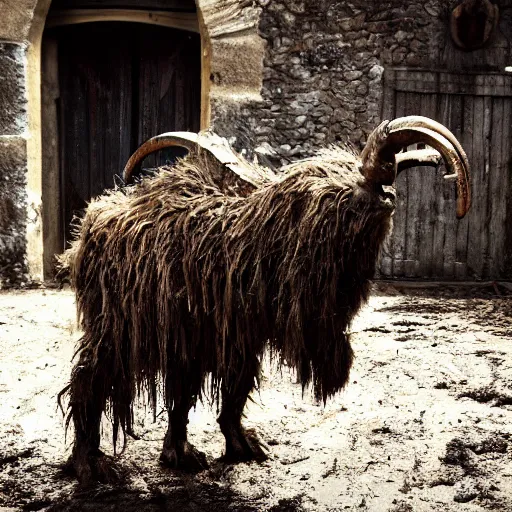 Image similar to horror, moody, still from film, daytime, muddy village square, wide shot, huge, roaring mutant goat monster, powerful, stumpy legs have human hands instead of hoofs, filthy jagged teeth in gaping mouth, matted dirty fur, in muddy medieval village square