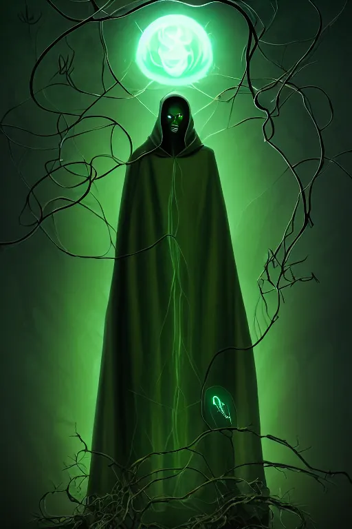 Image similar to A full body portrait of a ghost like character with no face, glowing eyes and a very long hooded dark green cloak made of leaves and vines art by Shaddy Safadi and Jason Chan, ominous, cosmic horror, trending on artstation, Ultra detailed, hyper realistic 4k