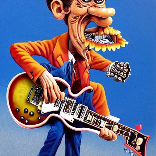 Image similar to beautiful lifelike painting of barry chuckle shredding on a gibson les paul, furious guitar solo, hyperreal detailed facial features and uv lighting, art by ed roth and basil wolverton