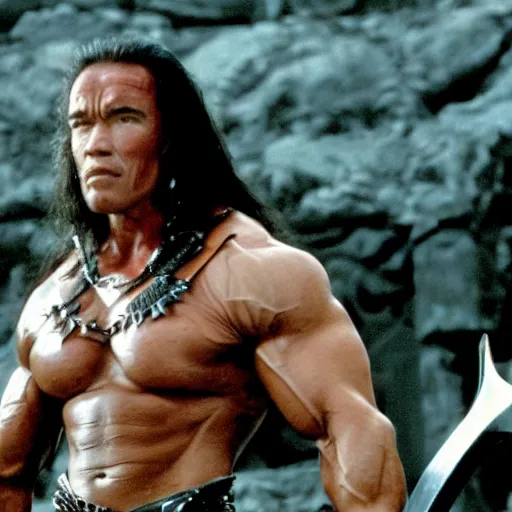 Image similar to film still of arnold schwarzenegger as conan the barbarian sitting on the iron throne