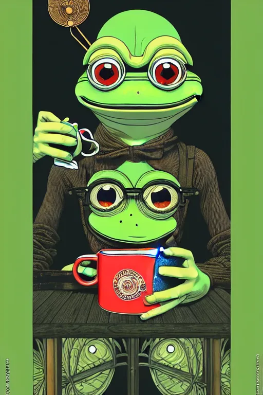 Image similar to pepe the frog drinking coffee, dynamic lighting, rotary symmetrical, 8 0 0 mm, unreal, depth detailed, by bambang nurdianshyah, garis edelweiss, roby dwi antono and ayami kojima, takato yamamoto, barclay shaw, karol bak, yukito kishiro, norman rockwell.