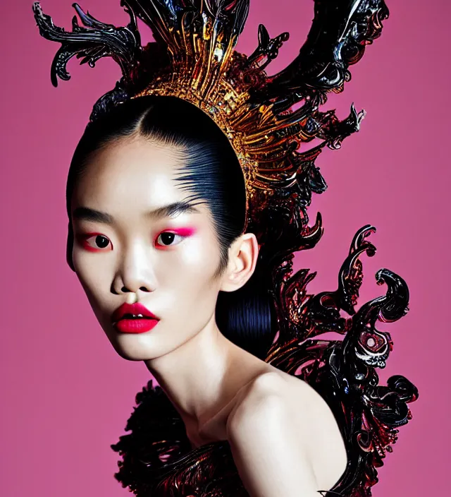 Image similar to photography american portrait of stunning model ming xi. great hair style,, half in shadow, natural pose, natural lighing, rim lighting, wearing an ornate stunning sophistical fluid dress and hat iris van herpen, colorfull newbaroque extreme makeup by benjamin puckey, highly detailed, skin grain detail, photography by paolo roversi