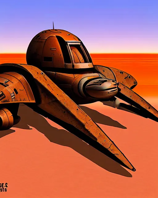 Image similar to a rusty starship in the desert in the style of chris foss and rodger dean