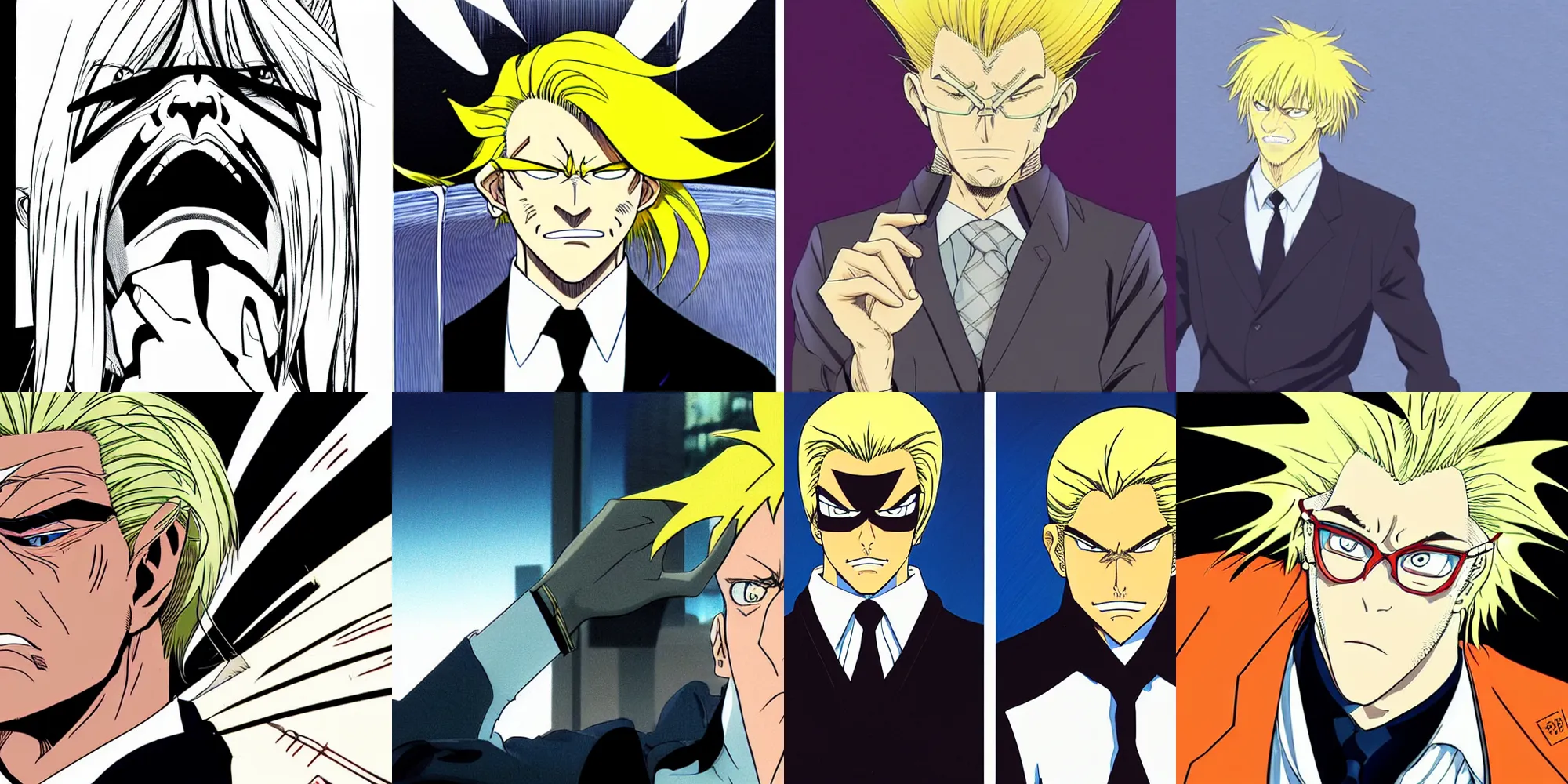Prompt: portrait of an evil business man with blonde hair, by Moebius + Tite Kubo, headshot, anime, sharp focus, smooth