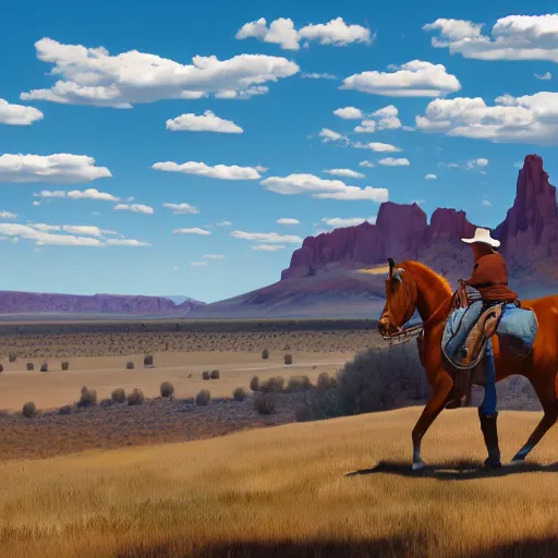 Image similar to cowboy on the range, beautiful New Mexico landscape, Art Deco, cel-shaded, unity, 8k, 4k