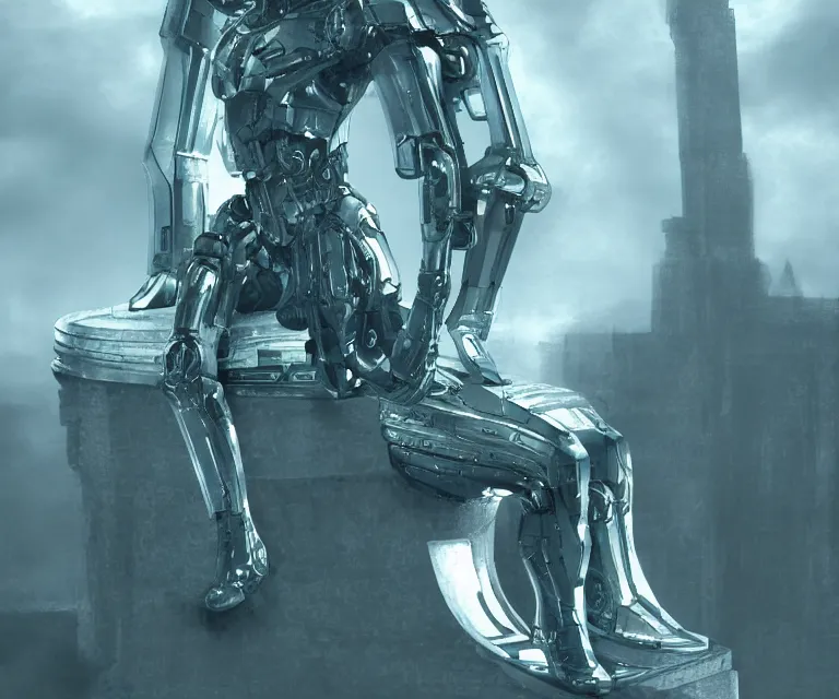 Image similar to translucent cyborg sitting on a metal throne, futuristic castle background, fantasy sci - fi, sharp lines, metallic, 2 0 0 mm