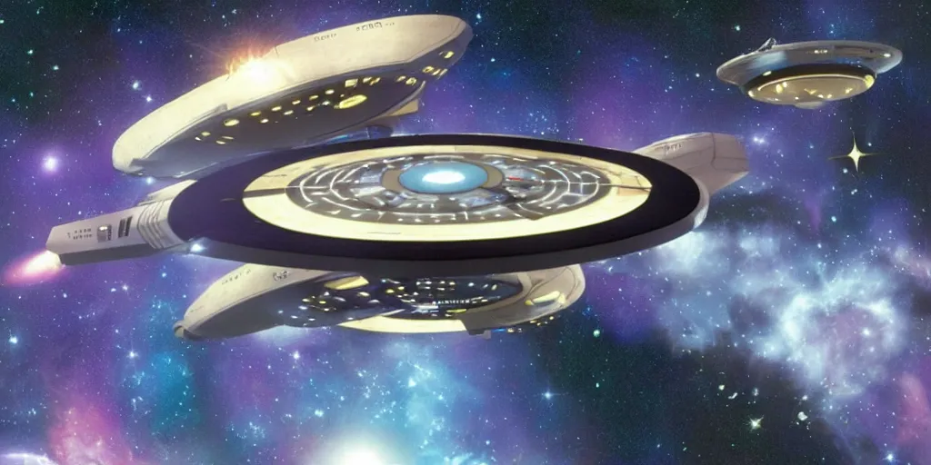 Prompt: star trek`s enterprise spaceshipe flying in a starry outer space