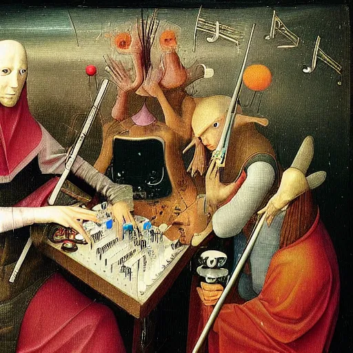 Image similar to three electronic musicians painted in the style of Hieronymus Bosch