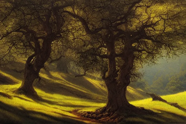 Image similar to masterpiece painting of oak trees on a hillside overlooking a creek, dramatic lighting, by john howe