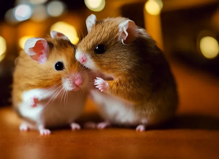 Image similar to photo of a hamsters on a date, kissing, at night, romantic, faded colors, candlelit restaurant table, cinematic color grading, various poses, soft light, well framed, sharp focus, 8 k