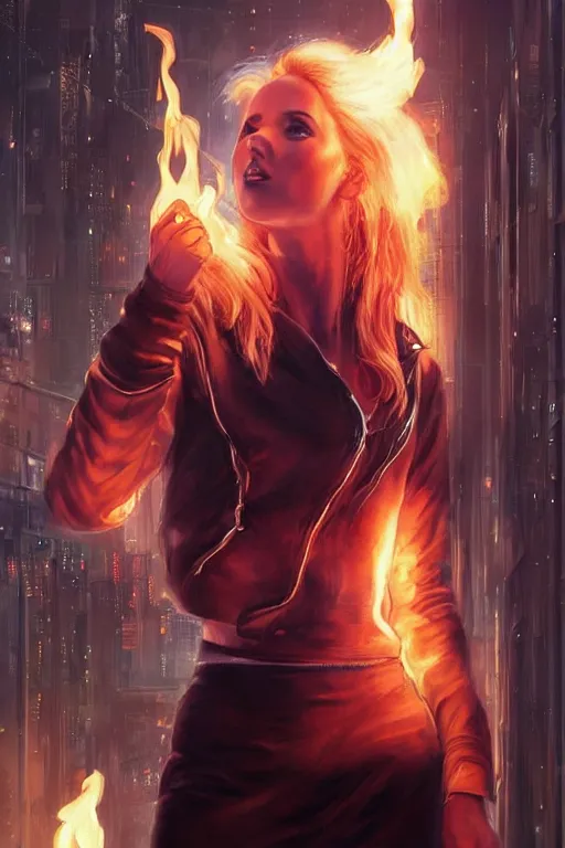 Image similar to wonderful young blonde woman with flames dancing on her hands with a long jacket in a cyberpunk city mouth open in a cry, realistic, high definition, detailed and symetric face, detailed and realistic hands, expressive eyes, 4 k, shimmering color, art by artgerm ans greg rutkowski and magali villeneuve