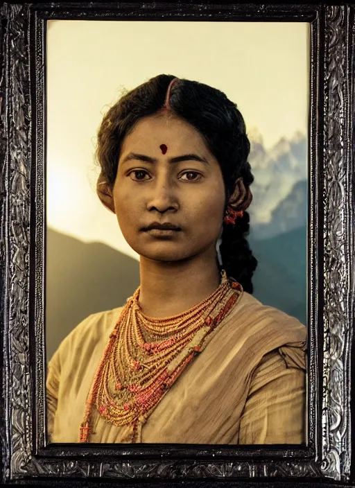 Prompt: hyper realistic and detailed vintage portrait photo of a beautiful beautifully lit nepalese Victorian woman with stunning reflective eyes standing in the sunshine with himalayan peaks behind her by annie leibovitz