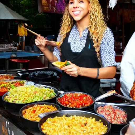 Prompt: Shakira selling street food stall