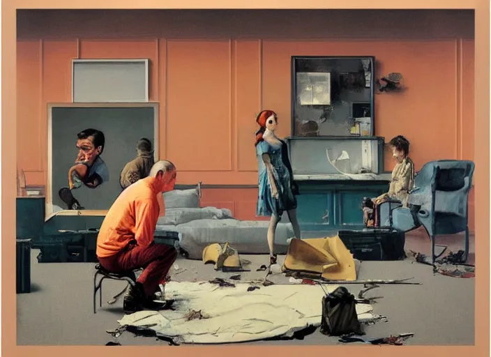 Image similar to a still from the movie million dollar baby nest by francis bacon and norman rockwell and james jean, and mark brooks, triadic color scheme, by greg rutkowski, syd mead and edward hopper and norman rockwell and beksinski, dark surrealism, orange and turquoise