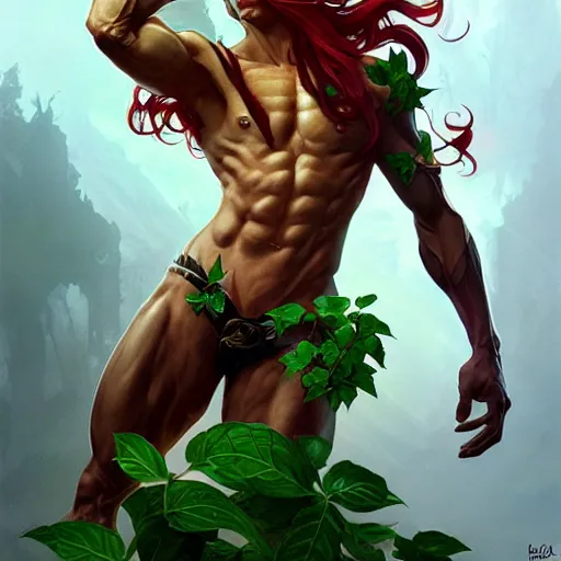 Image similar to A studio portrait of a photorealistic male muscular poison ivy wide angle, deep focus, D&D, fantasy, intricate, elegant, highly detailed, digital painting, artstation, concept art, matte, sharp focus, illustration, hearthstone, art by Artgerm and Greg Rutkowski and Alphonse Mucha