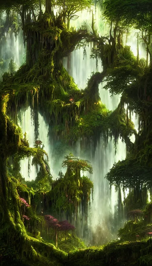 Image similar to fairy palace, castle towers, waterfall of gold and gems, gnarly trees, lush vegetation, forest landscape, painted by tom bagshaw, raphael lacoste, eddie mendoza, alex ross concept art matte painting