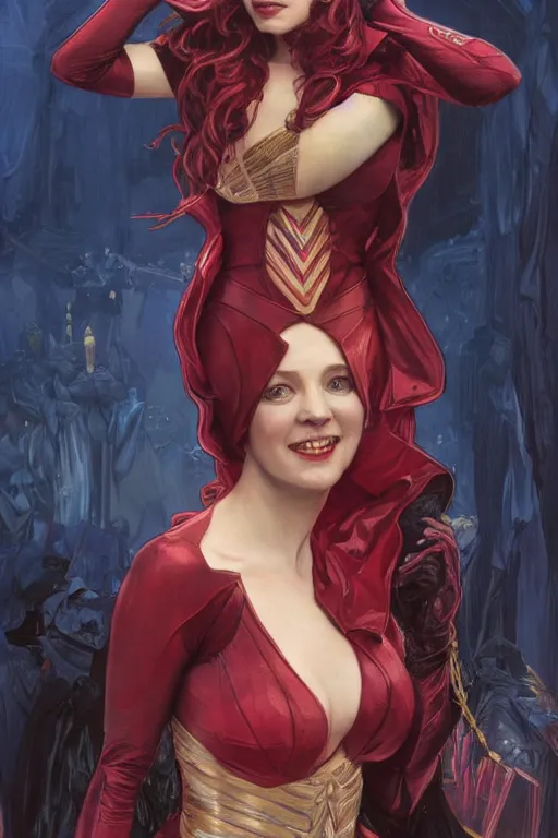 Image similar to Liz Truss as The Scarlet Witch, highly detailed character in digital fantasy, painted portrait, artstation, concept art, hard focus, illustrations, works by Artgerm and Greg Rutkowski, Alphonse Mucha and Craig Mullins, James Gene, Andrey Ryabovichev, Mark Simonetti and Peter Morbacher, 16 thousand