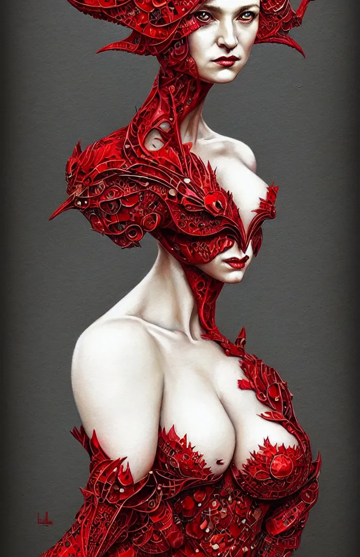 Image similar to epic professional portrait of gorgeous thin white woman, perfect face, armoured red dress, painted, intricate, detailed, by leesha hannigan, wayne haag, reyna rochin, ignacio fernandez rios, mark ryden, iris van herpen, artstation, cgsociety, epic, stunning, gorgeous, much wow.