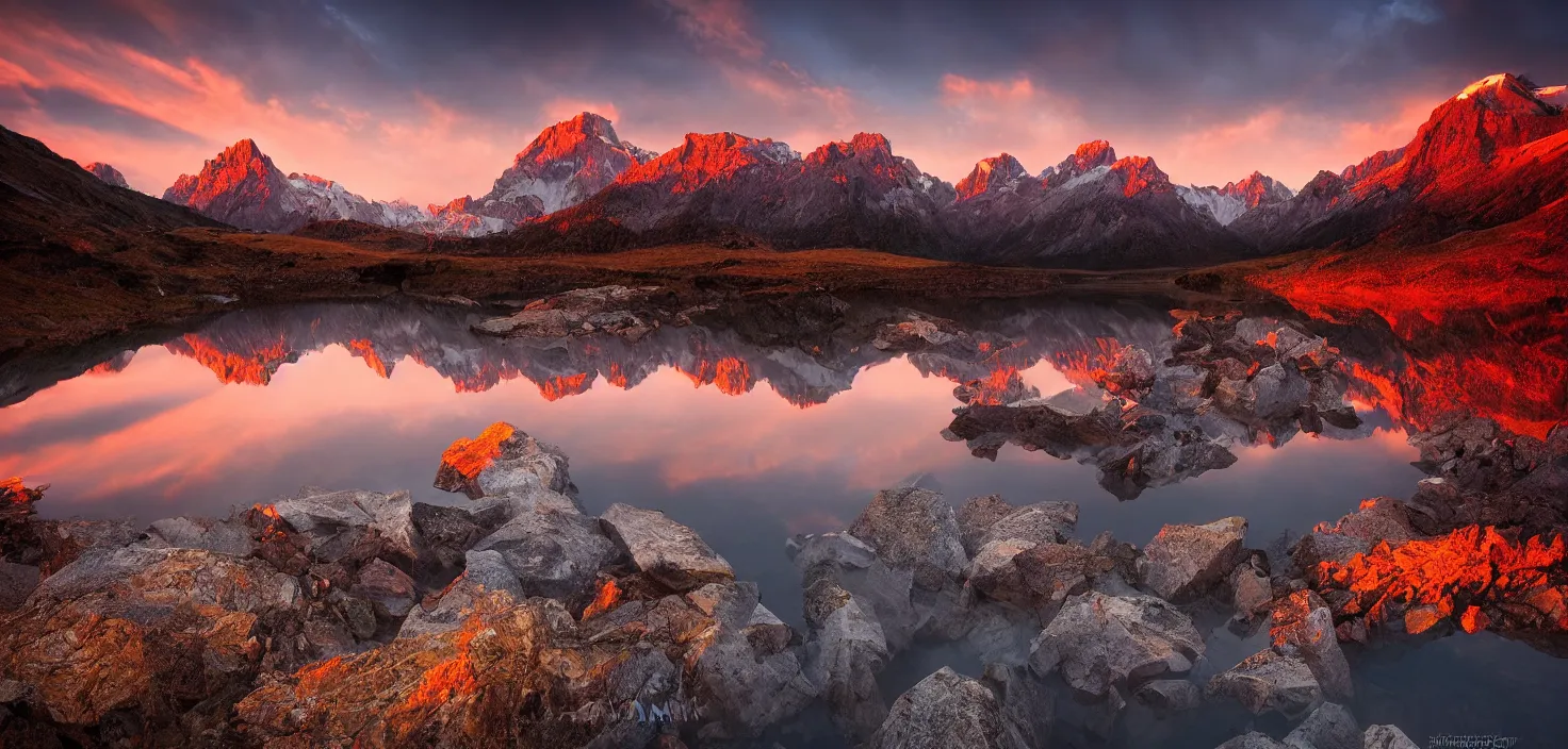 Image similar to amazing landscape photo of mountains with lake in sunset by marc adamus, beautiful dramatic lighting