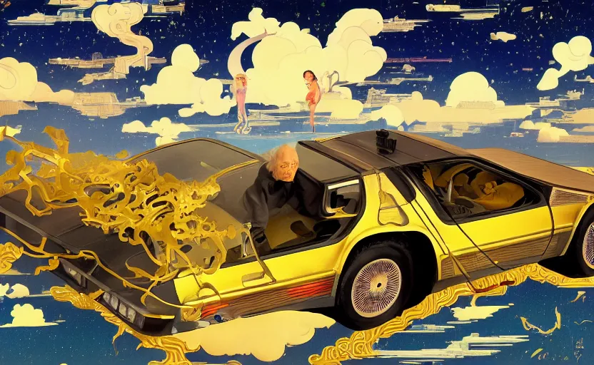 Image similar to a yellow delorean in the clouds, golden hour, colourful art by salvador dali, hsiao - ron cheng & utagawa kunisada, magazine collage,
