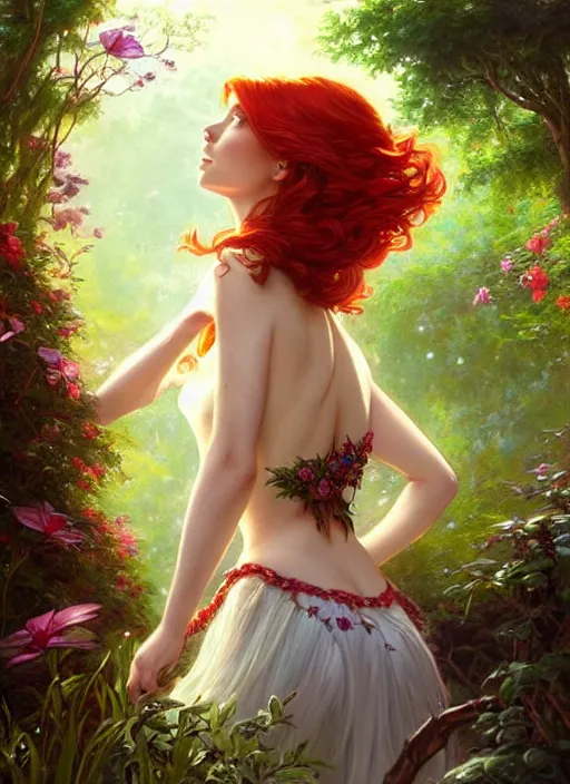 Image similar to a beautiful red haired woman as a fairy princess in a garden, deep focus, d & d, fantasy, intricate, elegant, highly detailed, digital painting, artstation, concept art, matte, sharp focus, illustration, hearthstone, art by artgerm and greg rutkowski and alphonse mucha