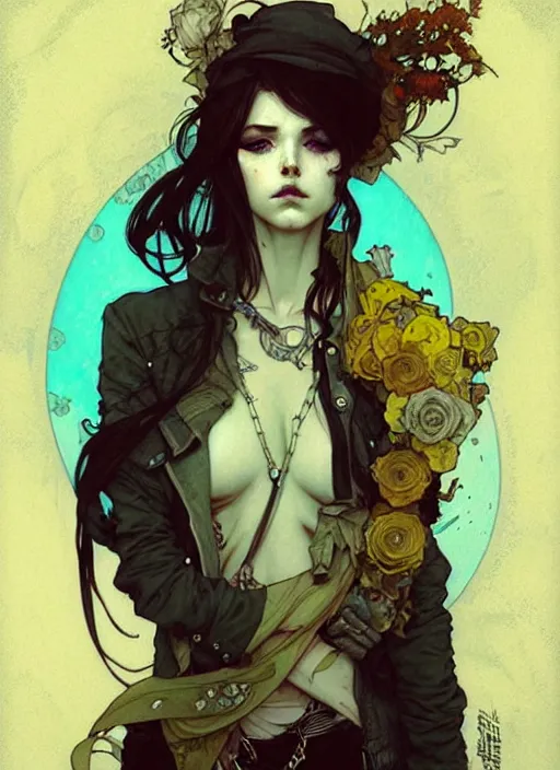 Image similar to highly detailed portrait of a moody sewerpunk young adult lady by krenz cushart, by artem demura, by alphonse mucha, by kaethe butcher, gradient yellow, black, brown and cyan color scheme, grunge aesthetic!!! ( ( graffiti tag city background ) )