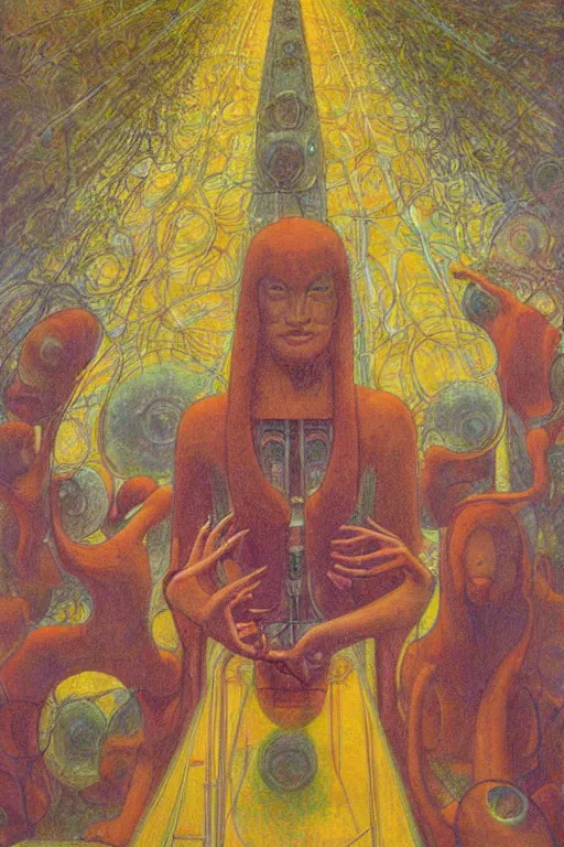 Image similar to realistic portrait of an engineer woman programming the samsara holy cluster, fine portrait, concept art, stunning, visionary, hyper realistic, detailed, by brecht evens, by jean delville, by francis bacon