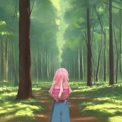 Image similar to a girl walking in a forest, a big eye in the sky is watching her, anime art, smooth, hd, smooth