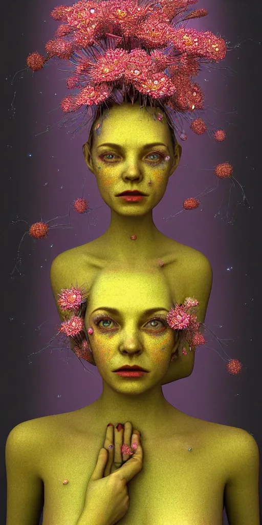 Image similar to hyper detailed 3d render like a Oil painting - portrait sculpt of Aurora (Singer) seen in mascara Lips on the Strangling network of yellowcake aerochrome and milky Fruit that covers her body wearing a 1950s dress and Her delicate Hands hold of gossamer polyp blossoms bring iridescent fungal flowers whose spores black the foolish stars by Jacek Yerka, Mariusz Lewandowski, Houdini algorithmic generative render, Abstract brush strokes, Masterpiece, Edward Hopper and James Gilleard, Zdzislaw Beksinski, Mark Ryden, Wolfgang Lettl, hints of Yayoi Kasuma, octane render, 8k