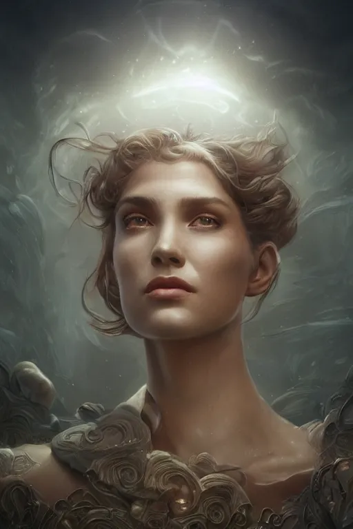 Image similar to cloudy dusty wind blowing!!!, underwater and dreaming of the void! multiple cinematic volumetric rim lights, bust portrait, dnd, fantasy, intricate, elegant, highly detailed, digital painting, artstation, concept art, smooth, sharp focus, illustration, art by artgerm and tom bagshaw and greg rutkowski and alphonse mucha