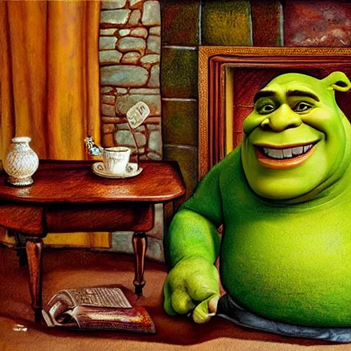 Prompt: !dream happy Shrek with brown hair sitting by the fireplace, reading a book, drinking tea, in a comfortable chair, cozy atmosphere, home, warm hues, oil painting, realistic