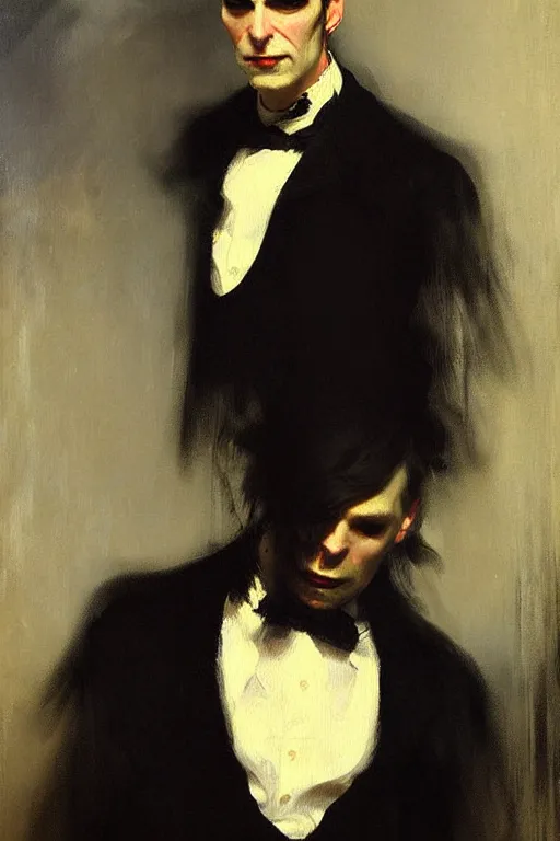 Image similar to impressionist brushstrokes!!!! beeple and richard schmid and jeremy lipking victorian loose genre loose painting full length portrait painting of a victorian male vampire