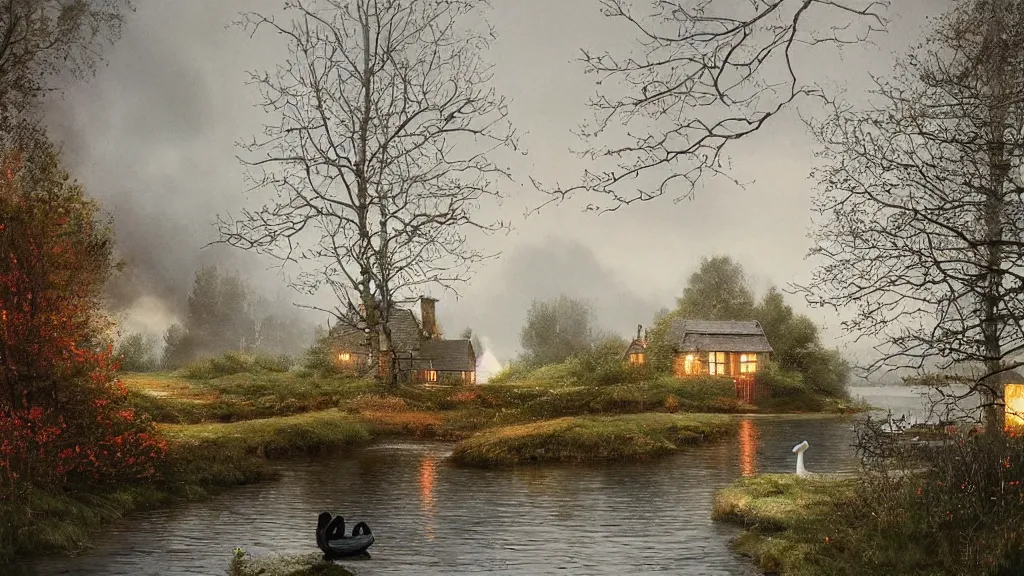 Image similar to small red wooden cottage by the lake, lanterns in the front of the cottage, smoke coming out of the chimney, dusk, birch trees, tranquility, two swans swimming in the lake, two swans, a wooden rowing boat, by Greg Rutkowski, by Charlie Bowater