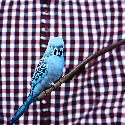 Prompt: Blue budgies wearing red and black checkered shirt, professional photography, studio lighting, 4k