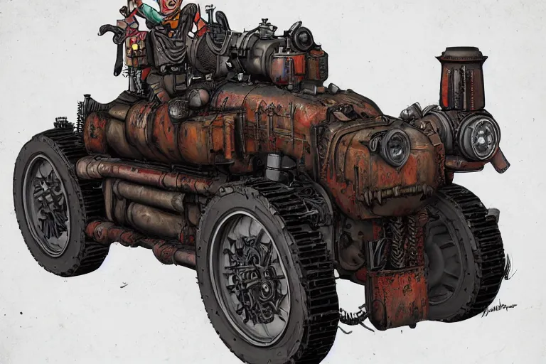 Prompt: hellfire thomas the tank, mad max, in the style of hannes bok and doug chiang and vernon grant, trending on artstation, back lighting rear view steampunk, blueprint, muted colors, gothic, tachisme