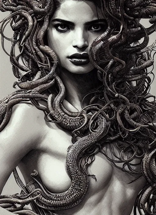 Prompt: portrait of anne curtis as medusa looking for camera wearing greek chiton, fantastically eerie, desaturated colors, pen and ink, glamorous pose, intricate line drawings, by craig mullins, ruan jia, kentaro miura, greg rutkowski, victo ngai