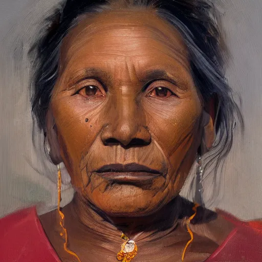 Prompt: a painting of a lantina elder woman by Lynette Yiadom-Boakye . details, smooth, sharp focus, illustration, realistic, cinematic, artstation, award winning, rgb , unreal engine, octane render, cinematic light, macro, depth of field, blur, red light and clouds from the back, highly detailed epic cinematic concept art CG render made in Maya, Blender and Photoshop, octane render, excellent composition, dynamic dramatic cinematic lighting, aesthetic, very inspirational, arthouse.